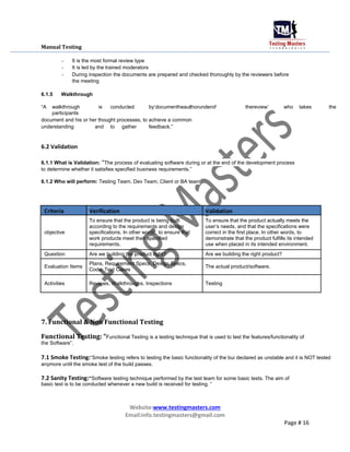Manual Testing
- It is the most formal review type
- It is led by the trained moderators
- During inspection the documents are prepared and checked thoroughly by the reviewers before
the meeting
6.1.5 Walkthrough
“A walkthrough is conducted by„documentheauthorunderof thereview‟ who takes the
participants
document and his or her thought processes, to achieve a common
understanding and to gather feedback.”
6.2 Validation
6.1.1 What is Validation: “The process of evaluating software during or at the end of the development process
to determine whether it satisfies specified business requirements.”
6.1.2 Who will perform: Testing Team, Dev Team, Client or BA team
Criteria Verification Validation
To ensure that the product is being built To ensure that the product actually meets the
according to the requirements and design user‟s needs, and that the specifications were
objective specifications. In other words, to ensure that correct in the first place. In other words, to
work products meet their specified demonstrate that the product fulfills its intended
requirements. use when placed in its intended environment.
Question Are we building the product right? Are we building the right product?
Evaluation Items
Plans, Requirement Specs, Design Specs,
The actual product/software.
Code, Test Cases
Activities Reviews, Walkthroughs, Inspections Testing
7. Functional & Non Functional Testing
Functional Testing: “Functional Testing is a testing technique that is used to test the features/functionality of
the Software”.
7.1 Smoke Testing:“Smoke testing refers to testing the basic functionality of the bui declared as unstable and it is NOT tested
anymore until the smoke test of the build passes.
7.2 Sanity Testing:“Software testing technique performed by the test team for some basic tests. The aim of
basic test is to be conducted whenever a new build is received for testing. “
Website:www.testingmasters.com
Email:info.testingmasters@gmail.com
Page # 16
 