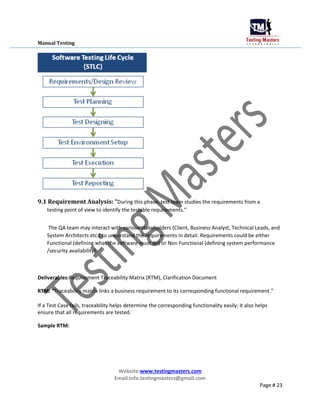 Manual Testing
9.1 Requirement Analysis: “During this phase, test team studies the requirements from a
testing point of view to identify the testable requirements.”
The QA team may interact with various stakeholders (Client, Business Analyst, Technical Leads, and
System Architects etc.) to understand the requirements in detail. Requirements could be either
Functional (defining what the software must do) or Non Functional (defining system performance
/security availability).
Deliverables:Requirement Traceability Matrix (RTM), Clarification Document
RTM: “Traceability matrix links a business requirement to its corresponding functional requirement.”
If a Test Case fails, traceability helps determine the corresponding functionality easily; it also helps
ensure that all requirements are tested.
Sample RTM:
Website:www.testingmasters.com
Email:info.testingmasters@gmail.com
Page # 23
 