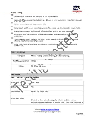 Manual Testing

Good exposure to creation and execution of Test documentation.



Exposure to QA processes and ability to set up a QA team on new requirements – in and out knowledge
of STLC and SDLC.



Excellent communication and documentation skills.



Ability to scale quickly on new technologies, needs of the project and demonstrate the required skills.



Active strong team player, detail oriented, self-motivated and performs well under pressure.



Self-directed, proactive and capable of working effectively in a highly innovative and fast-paced
environment.



Passionate about Quality Assurance and Quality control & always strive for new ways to maximize
efficiency and effectiveness of QA processes.



Strong leadership, organizational, problem solving, troubleshooting, debugging, negotiation and
analytical skills.

TECHNICAL SKILLS
Testing skills
Test Management Tool
Utilities
Manual Testing, Functional Testing, & Database Testing.
HP QC.
MS Office, SQL Server
EXPERIENCE
01/13 – PRESENT, SENIOR ENGINEER QA
Project Title 1 ONE CLAIM
Clients AIG
Environment PEGA & SQL Server 2005
Project Description
Chartis One Claim is the Chartis global Solution for Claims intake,
adjudication and management on a global basis. Chartis One Claim vision is
Website:www.testingmasters.com
Email:info.testingmasters@gmail.com
Page # 66
 