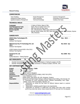 Manual Testing
COMPETENCIES
Team Handling Project Management Customer Management
Analytical & Problem Solving Client Interaction Presentation & Communication
Quality/Compliance Management Technical Knowledge Creating Test Cases
TECHNICAL SKILLS
Languages : C, Basics of Python, Basics of SQL
Test Management Tools : Hades, Mercury Quality Center 10.0
Defect Tracking Tools : JIRA, DevTrack and Clear Quest
Domain Specific : STB - DVB Standards, MPEG codecs DVB-S/S2 DVBT
Tools : Red Rat, Stream viewer, IEX, VGC, Clear-case, Source Insight, MHSI Analyser, Express
SMS, Wireshark
CAREER PATH
CISCO Video Technologies IPL May 2013 -
Present
Software Test Engineer
NDS Services Pay TV Technology Pvt. Ltd Nov 2010 - Apr
2013
Software Test Engineer
(CISCO Systems Acquired NDS in Mar 2012)
Software Test Engineer
EA Sports Pvt. Ltd Nov 2008 - Nov
2010
Quality Assurance - Testing Engineer
KEY HIGHLIGHTS
 Awarded “Connected through Award” for excellent contribution in Testing for project: 3G STB.
 Awarded “Recognition Award” for excellent contribution in Testing for project: STB PVR - SKY.
KEY CONTRIBUTIONS - PROJECTS
Project : Headed Gateway – Cable
Period : Feb 2014 – Present
Client : European Client
Location : CISCO systems, Bangalore
Hardware : STB-Pace chipset BCM7424 (CABLE), PACE 7424 (IPTV)
Environment/OS : Fusion Middleware / Linux
Tools : Quality Center, Clear Quest, IEX, VGC, Wireshark, Teraterm
Description : Execute the Full Stack Image Testing on different features like Profiling, Click Through, Wi-
Fi, Transcoding for home networking devices, Software Downloading, VOD, Logos,
subtitles, search, PVR functionalities, Migration, etc.
Responsibilities : Responsible for writing the test cases for different features based on customer
requirements.
Responsible in validating specific feature wise requirements.
Responsible for execution of middle-ware and system level tests which involves
performing smoke test, Sanity, Feature based tests & STP test case from first playable
Website:www.testingmasters.com
Email:info.testingmasters@gmail.com
Page # 71
 