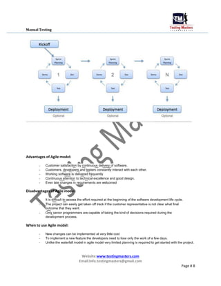 Manual Testing
Advantages of Agile model:
- Customer satisfaction by continuous delivery of software.
- Customers, developers and testers constantly interact with each other.
- Working software is delivered frequently
- Continuous attention to technical excellence and good design.
- Even late changes in requirements are welcomed
Disadvantages of Agile model:
- It is difficult to assess the effort required at the beginning of the software development life cycle.
- The project can easily get taken off track if the customer representative is not clear what final
outcome that they want.
- Only senior programmers are capable of taking the kind of decisions required during the
development process.
When to use Agile model:
- New changes can be implemented at very little cost
- To implement a new feature the developers need to lose only the work of a few days.
- Unlike the waterfall model in agile model very limited planning is required to get started with the project.
Website:www.testingmasters.com
Email:info.testingmasters@gmail.com
Page # 8
 