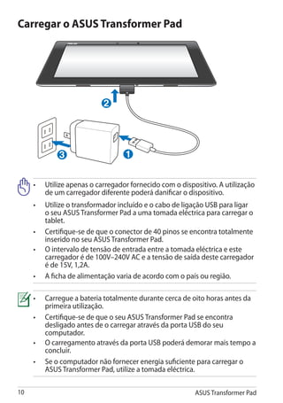 Carregar o ASUS Transformer Pad




                           2




             3                     1


     •	Utilize apenas o carregador fornecido com o dispositivo. A utilização
        de um carregador diferente poderá danificar o dispositivo.
     •	Utilize o transformador incluído e o cabo de ligação USB para ligar
        o seu ASUS Transformer Pad a uma tomada eléctrica para carregar o
        tablet.
     •	Certifique-se de que o conector de 40 pinos se encontra totalmente
        inserido no seu ASUS Transformer Pad.
     •	 intervalo de tensão de entrada entre a tomada eléctrica e este
        O
        carregador é de 100V–240V AC e a tensão de saída deste carregador
        é de 15V, 1,2A.
     •	 A ficha de alimentação varia de acordo com o país ou região.

     •	Carregue a bateria totalmente durante cerca de oito horas antes da
        primeira utilização.
     •	Certifique-se de que o seu ASUS Transformer Pad se encontra
        desligado antes de o carregar através da porta USB do seu
        computador.
     •	 carregamento através da porta USB poderá demorar mais tempo a
        O
        concluir.
     •	 o computador não fornecer energia suficiente para carregar o
        Se
        ASUS Transformer Pad, utilize a tomada eléctrica.

10                                                       ASUS Transformer Pad
 