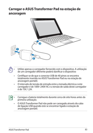 Carregar o ASUS Transformer Pad na estação de
ancoragem




                              3

        1


                        2



     •	Utilize apenas o carregador fornecido com o dispositivo. A utilização
        de um carregador diferente poderá danificar o dispositivo
     •	Certifique-se de que o conector USB de 40 pinos se encontra
        totalmente inserido no ASUS Transformer Pad ou na estação de
        ancoragem portátil.
     •	 intervalo de tensão de entrada entre a tomada eléctrica e este
        O
        carregador é de 100V–240V AC e a tensão de saída deste carregador
        é de 15V, 1,2A.


     •	Carregue a bateria totalmente durante cerca de oito horas antes da
        primeira utilização.
     •	 ASUS Transformer Pad não pode ser carregado através do cabo
        O
        de ligação USB quando este se encontrar ligado à estação de
        ancoragem portátil.




ASUS Transformer Pad                                                       83
 
