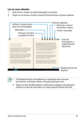 Ler os seus ebooks
1.	   Seleccione e toque no ebook desejado na estante.
2.	   Toque no ecrã para mostrar a barra de ferramentas na parte superior.


                                                 Lista de capítulos
      Utilizar a função texto                          Diminuir o zoom��
                                                                       /
      para voz nesta página                            Aumentar o zoom
         Marcador                                       Inserir marcador
              Procurar um item
              ou palavra-chave
                                                            Lista de
                                                            marcadores e
                                                            modo Diurno/
                                                            Nocturno




                                                           Deslocamento de
                                                           páginas


      1.���������������������������������������������������������������
        	 Android iniciará a transferência e instalação dos recursos
          O
          necessários se desejar utilizar a função texto para voz.
      2.������������������������������������������������������������������
        	Toque na lista de Marcadores e seleccione a página marcada para
          mostrar o ícone de marcador no canto superior direito do ecrã.




ASUS Transformer Pad                                                         43
 
