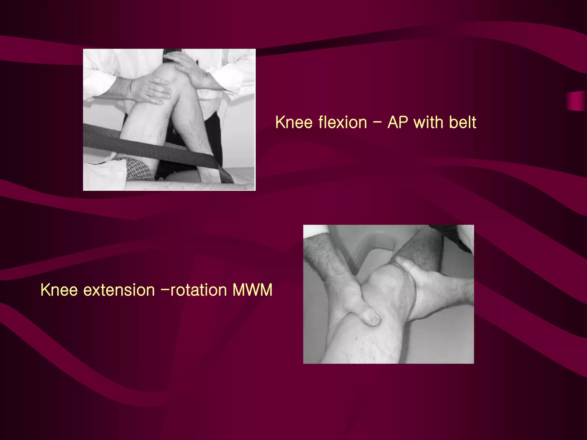 Knee flexion - AP with belt
Knee extension -rotation MWM
 
