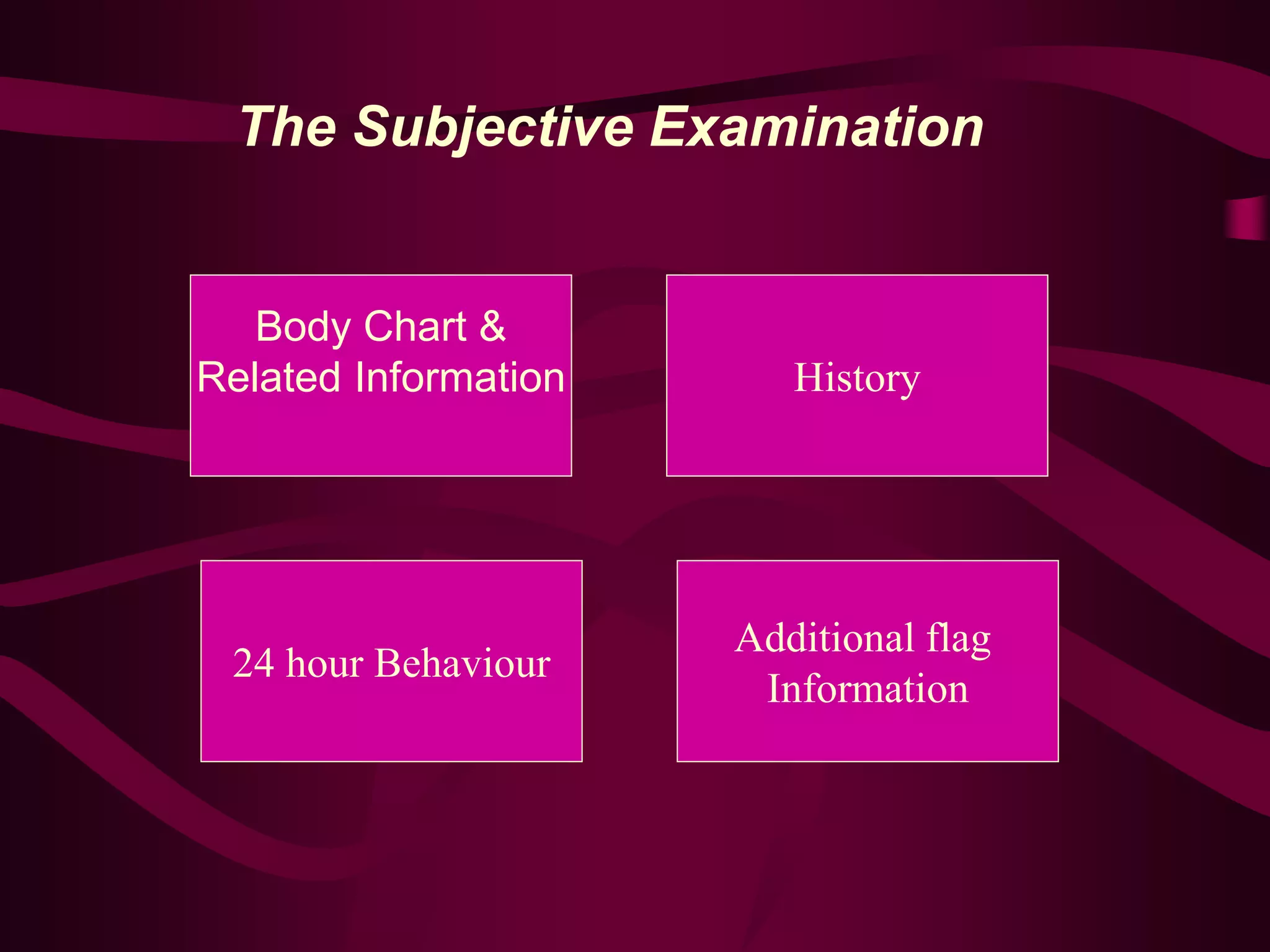 The Subjective Examination
Body Chart &
Related Information History
24 hour Behaviour
Additional flag
Information
 