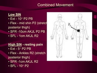 Combined Movement
Low SIN
• Ext - 10° P2 PB
• Flex - mid shin P2 (stretch
posterior thigh)
• SFR -10cm AKJL P2 PB
• SFL - 1cm AKJL R2
High SIN - resting pain
• Ext - 5° P2 PB
• Flex - Ankles R2 (stretch
posterior thigh)
• SFR -1cm AKJL R2
• SFL - 10° P2
 