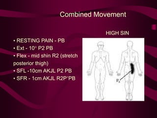Combined Movement
HIGH SIN
• RESTING PAIN - PB
• Ext - 10° P2 PB
• Flex - mid shin R2 (stretch
posterior thigh)
• SFL -10cm AKJL P2 PB
• SFR - 1cm AKJL R2P’PB
 
