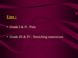 Uses :
• Grade I & II : Pain
• Grade III & IV : Stretching maneuvers
 