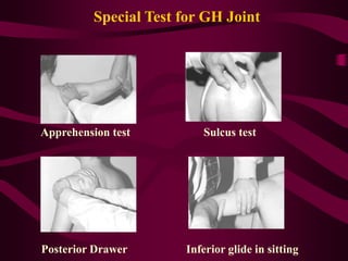 Special Test for GH Joint
Apprehension test Sulcus test
Posterior Drawer Inferior glide in sitting
 