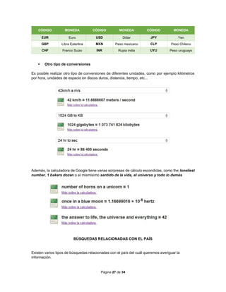 Página 27 de 34
CÓDIGO MONEDA CÓDIGO MONEDA CÓDIGO MONEDA
EUR Euro USD Dólar JPY Yen
GBP Libra Esterlina MXN Peso mexicano CLP Peso Chileno
CHF Franco Suizo INR Rupia india UYU Peso uruguayo
 Otro tipo de conversiones
Es posible realizar otro tipo de conversiones de diferentes unidades, como por ejemplo kilómetros
por hora, unidades de espacio en discos duros, distancia, tiempo, etc...
Además, la calculadora de Google tiene varias sorpresas de cálculo escondidas, como the loneliest
number, 1 bakers dozen o el mismísimo sentido de la vida, el universo y todo lo demás
BÚSQUEDAS RELACIONADAS CON EL PAÍS
Existen varios tipos de búsquedas relacionadas con el país del cuál queremos averiguar la
información.
 