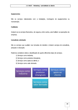 ufcd 0427 - Marketing - centralidade no cliente
23
Equipamentos
São os serviços relacionados com a instalação, montagens de equipamentos ou
manutenção.
Facilidades
Incluem-se os serviços financeiros, de seguros, entre outros, pois facilitam as operações da
empresa.
Consultoria/ orientação
São os serviços que auxiliam nas tomadas de decisão e incluem serviços de consultoria,
pesquisa e educação.
Podemos considerar ainda a classificação de quatro diferentes tipos de serviços;
1) Serviços como indústria;
2) Serviços como produtos intangíveis;
3) Serviços como apoio ao cliente; e
4) Serviços como valor derivado.
 