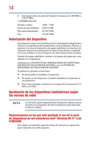 14
5.375 x 8.375 ver 2.3
4 Este equipo utiliza un ancho de banda de frecuencias de 2,400 MHz a
2,483.5 MHz.
3. TOSHIBA Direct PC
De lunes a viernes: 10:00 – 17:00
Llame sin costo al teléfono: 0120-15-1048
Para marcar directamente: 03-3457-4850
Fax: 03-3457-4868
Autorización del dispositivo
Este dispositivo cuenta con la Certificación de Conformidad con Reglamentos
Técnicos y la Aprobación del Cumplimiento con las Condiciones Técnicas, y
pertenece a la clase de dispositivos de equipo radiofónico de estaciones de
radio para sistemas de comunicación de datos de baja potencia estipulada
en la Ley de Radio y la Ley de Negocios de Telecomunicaciones de Japón.
Nombre del equipo radiofónico: remítase a la etiqueta del equipo que viene
adherida a la computadora.
Aprobado por el INSTITUTO DE APROBACIONES DE JAPÓN PARA
EQUIPOS DE TELECOMUNICACIONES y por el CENTRO DE
INGENIERÍA DE TELECOMUNICACIONES.
Se aplican las siguientes restricciones:
❖ No desensamble ni modifique el dispositivo.
❖ No instale en otro dispositivo el módulo inalámbrico incorporado en
este dispositivo.
❖ El uso está restringido a interiores en el margen de frecuencias de 5.17
GHz a 5.23 GHz.
Aprobación de los dispositivos inalámbricos según
las normas de radio
La información siguiente depende del tipo de dispositivo inalámbrico que se
encuentre en la computadora. No todos los dispositivos están disponibles
en todos los modelos.
Regiones/países en los que está aprobado el uso de la serie
de adaptadores de red inalámbrica Intel®
Wireless Wi-Fi®
Link
5100/5300
Este equipo está aprobado según las normas de radio por las regiones/los
países indicados en la tabla siguiente.
NOTA
 