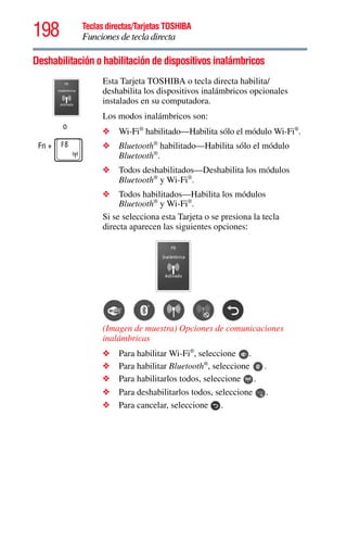198 Teclas directas/Tarjetas TOSHIBA
Funciones de tecla directa
5.375 x 8.375 ver 2.3
Deshabilitación o habilitación de dispositivos inalámbricos
o
Fn +
Esta Tarjeta TOSHIBA o tecla directa habilita/
deshabilita los dispositivos inalámbricos opcionales
instalados en su computadora.
Los modos inalámbricos son:
❖ Wi-Fi®
habilitado—Habilita sólo el módulo Wi-Fi®
.
❖ Bluetooth®
habilitado—Habilita sólo el módulo
Bluetooth®
.
❖ Todos deshabilitados—Deshabilita los módulos
Bluetooth®
y Wi-Fi®
.
❖ Todos habilitados—Habilita los módulos
Bluetooth®
y Wi-Fi®
.
Si se selecciona esta Tarjeta o se presiona la tecla
directa aparecen las siguientes opciones:
(Imagen de muestra) Opciones de comunicaciones
inalámbricas
❖ Para habilitar Wi-Fi®
, seleccione .
❖ Para habilitar Bluetooth®
, seleccione .
❖ Para habilitarlos todos, seleccione .
❖ Para deshabilitarlos todos, seleccione .
❖ Para cancelar, seleccione .
 
