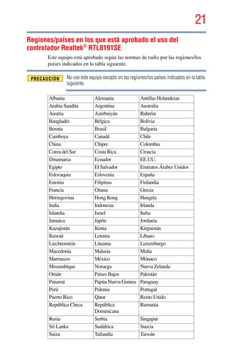 21
5.375 x 8.375 ver 2.3
Regiones/países en los que está aprobado el uso del
controlador Realtek®
RTL8191SE
Este equipo está aprobado según las normas de radio por las regiones/los
países indicados en la tabla siguiente.
No use este equipo excepto en las regiones/los países indicados en la tabla
siguiente.
Albania Alemania Antillas Holandesas
Arabia Saudita Argentina Australia
Austria Azerbaiyán Bahréin
Bangladés Bélgica Bolivia
Bosnia Brasil Bulgaria
Camboya Canadá Chile
China Chipre Colombia
Corea del Sur Costa Rica Croacia
Dinamarca Ecuador EE.UU.
Egipto El Salvador Emiratos Árabes Unidos
Eslovaquia Eslovenia España
Estonia Filipinas Finlandia
Francia Ghana Grecia
Herzegovina Hong Kong Hungría
India Indonesia Irlanda
Islandia Israel Italia
Jamaica Japón Jordania
Kazajistán Kenia Kirguistán
Kuwait Letonia Líbano
Liechtenstein Lituania Luxemburgo
Macedonia Malasia Malta
Marruecos México Mónaco
Mozambique Noruega Nueva Zelanda
Omán Países Bajos Pakistán
Panamá Papúa Nueva Guinea Paraguay
Perú Polonia Portugal
Puerto Rico Qatar Reino Unido
República Checa República
Dominicana
Rumanía
Rusia Serbia Singapur
Sri Lanka Sudáfrica Suecia
Suiza Tailandia Taiwán
 