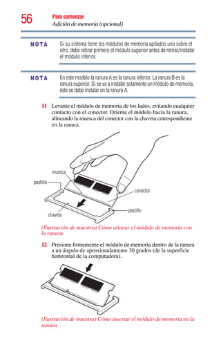 56 Para comenzar
Adición de memoria (opcional)
Si su sistema tiene los módulos de memoria apilados uno sobre el
otro, debe retirar primero el módulo superior antes de retirar/instalar
el módulo inferior.
En este modelo la ranura A es la ranura inferior. La ranura B es la
ranura superior. Si se va a instalar solamente un módulo de memoria,
éste se debe instalar en la ranura A.
11 Levante el módulo de memoria de los lados, evitando cualquier
contacto con el conector. Oriente el módulo hacia la ranura,
alineando la muesca del conector con la chaveta correspondiente
en la ranura.
(Ilustración de muestra) Cómo alinear el módulo de memoria con
la ranura
12 Presione firmemente el módulo de memoria dentro de la ranura
a un ángulo de aproximadamente 30 grados (de la superficie
horizontal de la computadora).
(Ilustración de muestra) Cómo insertar el módulo de memoria en la
ranura
NOTA
NOTA
conector
muesca
chaveta
pestillo
pestillo
 