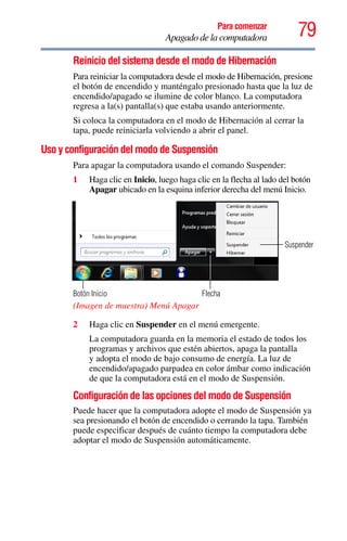 79Para comenzar
Apagado de la computadora
Reinicio del sistema desde el modo de Hibernación
Para reiniciar la computadora desde el modo de Hibernación, presione
el botón de encendido y manténgalo presionado hasta que la luz de
encendido/apagado se ilumine de color blanco. La computadora
regresa a la(s) pantalla(s) que estaba usando anteriormente.
Si coloca la computadora en el modo de Hibernación al cerrar la
tapa, puede reiniciarla volviendo a abrir el panel.
Uso y configuración del modo de Suspensión
Para apagar la computadora usando el comando Suspender:
1 Haga clic en Inicio, luego haga clic en la flecha al lado del botón
Apagar ubicado en la esquina inferior derecha del menú Inicio.
(Imagen de muestra) Menú Apagar
2 Haga clic en Suspender en el menú emergente.
La computadora guarda en la memoria el estado de todos los
programas y archivos que estén abiertos, apaga la pantalla
y adopta el modo de bajo consumo de energía. La luz de
encendido/apagado parpadea en color ámbar como indicación
de que la computadora está en el modo de Suspensión.
Configuración de las opciones del modo de Suspensión
Puede hacer que la computadora adopte el modo de Suspensión ya
sea presionando el botón de encendido o cerrando la tapa. También
puede especificar después de cuánto tiempo la computadora debe
adoptar el modo de Suspensión automáticamente.
Flecha
Suspender
Botón Inicio
 