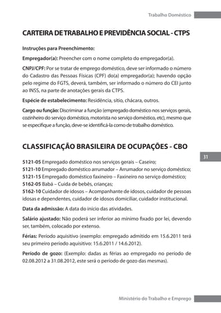 31
Trabalho Doméstico
Ministério do Trabalho e Emprego
CARTEIRADETRABALHOEPREVIDÊNCIASOCIAL-CTPS
Instruções para Preenchimento:
Empregador(a): Preencher com o nome completo do empregador(a).
CNPJ/CPF: Por se tratar de emprego doméstico, deve ser informado o número
do Cadastro das Pessoas Físicas (CPF) do(a) empregador(a); havendo opção
pelo regime do FGTS, deverá, também, ser informado o número do CEI junto
ao INSS, na parte de anotações gerais da CTPS.
Espécie de estabelecimento: Residência, sítio, chácara, outros.
Cargo ou função: Discriminar a função (empregado doméstico nos serviços gerais,
cozinheiro do serviço doméstico, motorista no serviço doméstico, etc), mesmo que
se especifique a função, deve-se identificá-la como de trabalho doméstico.
CLASSIFICAÇÃO BRASILEIRA DE OCUPAÇÕES - CBO
5121-05 Empregado doméstico nos serviços gerais – Caseiro;
5121-10 Empregado doméstico arrumador – Arrumador no serviço doméstico;
5121-15 Empregado doméstico faxineiro – Faxineiro no serviço doméstico;
5162-05 Babá – Cuida de bebês, crianças;
5162-10 Cuidador de idosos – Acompanhante de idosos, cuidador de pessoas
idosas e dependentes, cuidador de idosos domiciliar, cuidador institucional.
Data da admissão: A data do início das atividades.
Salário ajustado: Não poderá ser inferior ao mínimo fixado por lei, devendo
ser, também, colocado por extenso.
Férias: Período aquisitivo (exemplo: empregado admitido em 15.6.2011 terá
seu primeiro período aquisitivo: 15.6.2011 / 14.6.2012).
Período de gozo: (Exemplo: dadas as férias ao empregado no período de
02.08.2012 a 31.08.2012, este será o período de gozo das mesmas).
 