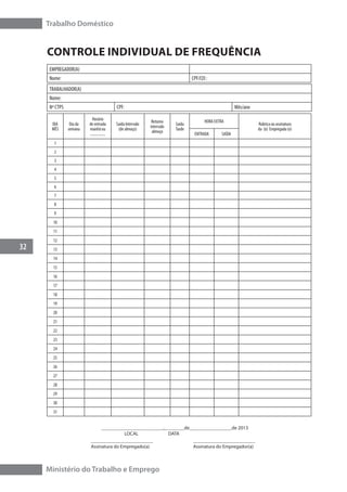 Trabalho Doméstico
32
Ministério do Trabalho e Emprego
CONTROLE individual DE FREQUÊNCIA
DIA
MÊS
Dia da
semana
Horário
de entrada
manhã ou
................
Saída Intervalo
(de almoço)
Retorno
intervalo
almoço
Saída
Tarde
HORA EXTRA
Rubrica ou assinatura
da (o) Empregada (o)
ENTRADA SAÍDA
1
2
3
4
5
6
7
8
9
10
11
12
13
14
15
16
17
18
19
20
21
22
23
24
25
26
27
28
29
30
31
EMPREGADOR(A)
Nome: CPF/CEI :
TRABALHADOR(A)
Nome:
Nº CTPS CPF: Mês/ano
_________________________,________de_________________de 2013
LOCAL 	 DATA
_________________________
Assinatura do Empregado(a)
_________________________
Assinatura do Empregador(a)
 