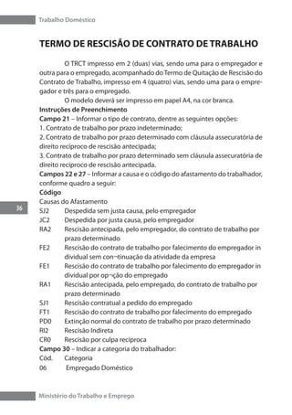 Trabalho Doméstico
36
Ministério do Trabalho e Emprego
TERMO DE RESCISÃO DE CONTRATO DE TRABALHO
	 O TRCT impresso em 2 (duas) vias, sendo uma para o empregador e
outra para o empregado, acompanhado doTermo de Quitação de Rescisão do
Contrato de Trabalho, impresso em 4 (quatro) vias, sendo uma para o empre-
gador e três para o empregado.
	 O modelo deverá ser impresso em papel A4, na cor branca.
Instruções de Preenchimento
Campo 21 – Informar o tipo de contrato, dentre as seguintes opções:
1. Contrato de trabalho por prazo indeterminado;
2. Contrato de trabalho por prazo determinado com cláusula assecuratória de
direito recíproco de rescisão antecipada;
3. Contrato de trabalho por prazo determinado sem cláusula assecuratória de
direito recíproco de rescisão antecipada.
Campos 22 e 27 – Informar a causa e o código do afastamento do trabalhador,
conforme quadro a seguir:
Código	
Causas do Afastamento
SJ2	 Despedida sem justa causa, pelo empregador
JC2	 Despedida por justa causa, pelo empregador
RA2	 Rescisão antecipada, pelo empregador, do contrato de trabalho por 	
	 prazo determinado
FE2	 Rescisão do contrato de trabalho por falecimento do empregador in	
	 dividual sem con¬tinuação da atividade da empresa
FE1	 Rescisão do contrato de trabalho por falecimento do empregador in	
	 dividual por op¬ção do empregado
RA1	 Rescisão antecipada, pelo empregado, do contrato de trabalho por 	
	 prazo determinado
SJ1	 Rescisão contratual a pedido do empregado
FT1	 Rescisão do contrato de trabalho por falecimento do empregado
PD0	 Extinção normal do contrato de trabalho por prazo determinado
RI2	 Rescisão Indireta
CR0	 Rescisão por culpa recíproca
Campo 30 – Indicar a categoria do trabalhador:
Cód.	Categoria
06	 Empregado Doméstico
 