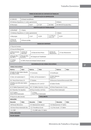 37
Trabalho Doméstico
Ministério do Trabalho e Emprego
TERMO DE RESCISÃO DO CONTRATO DE TRABALHO
IDENTIFICAÇÃO DO EMPREGADOR
01 CNPJ/CEI 02 Razão Social/Nome
03 Endereço (logradouro, nº, andar, apartamento) 04 Bairro
05 Município 06 UF 07 CEP 08 CNAE 09 CNPJ/CEI Tomador/Obra
IDENTIFICAÇÃO DO TRABALHADOR
10 PIS/PASEP 11 Nome
12 Endereço (logradouro, nº, andar, apartamento) 13 Bairro
14 Município 15 UF 16 CEP
17 CTPS (nº,
série, UF)
18 CPF
19 Data de
Nascimento
20 Nome da Mãe
DADOS DO CONTRATO
21 Tipo de Contrato
22 Causa do Afastamento
23 Remuneração
Mês Ant.
24 Data de
Admissão
25 Data do Aviso Prévio
26 Data de
Afastamento
27 Cód. Afastamento
28 Pensão Alim.
(%) (TRCT)
29 Pensão Alim.
(%) (FGTS)
30 Categoria do Trabalhador
31 Código
Sindical
32 CNPJ e Nome da Entidade Sindical Laboral
DISCRIMINAÇÃO DAS VERBAS RESCISÓRIAS
VERBAS RESCISÓRIAS
Rubrica Valor Rubrica Valor Rubrica Valor
50 Saldo de /dias Salário (líquido
de /faltas e DSR)
51 Comissões 52 Gratificação
53 Adic. de Insalubridade % 54 Adic. de Periculosidade %
55 Adic. Noturno
Horas a %
56.1 Horas Extras horas a % 57 Gorjetas 58 Descanso Semanal Remunerado (DSR)
59 Reflexo do DSR sobre Salário
Variável
60 Multa Art. 477, § 8º/CLT 62 Salário-Família
63 13º Salário Proporcional /12 avos 64.1 13º Salário–Exercício. /12 avos 65 Férias Proporcionais /12 avos
66.1 FériasVenc. Per. Aquisitivo 68 Terço Constituc. de Férias 69 Aviso Prévio Indenizado
70 13º Salário
(Aviso Prévio Indenizado)
71 Férias
(Aviso Prévio Indenizado)
99 Ajuste do saldo devedor TOTAL BRUTO
DEDUÇÕES
Desconto Valor Desconto Valor Desconto Valor
100 Pensão Alimentícia 101 Adiantamento Salarial 102 Adiantamento 13º Salário
103 Aviso Prévio Indenizado dias 112.1 Previdência Social 112.2 Prev Social - 13º Salário
114.1 IRRF 114.2 IRRF sobre 13º Salário
TOTAL DEDUÇÕES
VALOR LÍQUIDO
 