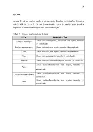 28
a) Capa
A capa deverá ser simples, incolor e não apresentar desenhos ou ilustrações. Segundo a
ABNT, NBR 14.724, p. 2. “A capa é uma proteção externa do trabalho, sobre a qual se
imprimem as informações indispensáveis a sua identificação”.
Tabela 3 – Critérios para Formatação da Capa
ITEM FORMATAÇÃO
Nome da Instituição
Times New Roman (Times), maiúscula, sem negrito, tamanho
14 centralizado
Instituto a que pertence Times, maiúscula, sem negrito, tamanho 14 centralizado
Curso Times, maiúscula, sem negrito, tamanho 14 centralizado
Título Times, maiúscula, negrito, tamanho 16 centralizado
Subtítulo Times, maiúscula/minúscula, negrito, tamanho 16 centralizado
Autor
Times, maiúscula/minúscula, sem negrito, tamanho 14
centralizado
Cidade/Unidade Federativa
Times, maiúscula/minúscula, sem negrito, tamanho 14
centralizado
Ano
Times, maiúscula/minúscula, sem negrito, tamanho 14
centralizado
 