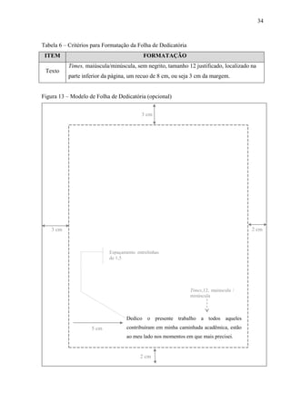 34
Tabela 6 – Critérios para Formatação da Folha de Dedicatória
ITEM FORMATAÇÃO
Texto
Times, maiúscula/minúscula, sem negrito, tamanho 12 justificado, localizado na
parte inferior da página, um recuo de 8 cm, ou seja 3 cm da margem.
Figura 13 – Modelo de Folha de Dedicatória (opcional)
3 cm
2 cm
5 cm
Dedico o presente trabalho a todos aqueles
contribuíram em minha caminhada acadêmica, estão
ao meu lado nos momentos em que mais precisei.
Times,12, maiúscula /
minúscula
2 cm3 cm
Espaçamento entrelinhas
de 1,5
 