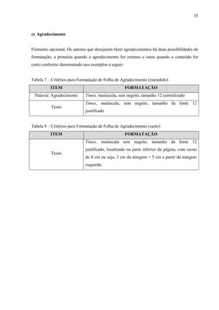 35
e) Agradecimento
Elemento opcional. Os autores que desejarem fazer agradecimentos há duas possibilidades de
formatação, a primeira quando o agradecimento for extenso e outra quando o conteúdo for
curto conforme demonstrado nos exemplos a seguir:
Tabela 7 – Critérios para Formatação de Folha de Agradecimento (estendido)
ITEM FORMATAÇÃO
Palavra: Agradecimento Times, maiúscula, sem negrito, tamanho 12 centralizado
Texto
Times, maiúscula, sem negrito, tamanho da fonte 12
justificado
Tabela 8 – Critérios para Formatação de Folha de Agradecimento (curto)
ITEM FORMATAÇÃO
Texto
Times, maiúscula sem negrito, tamanho da fonte 12
justificado, localizado na parte inferior da página, com recuo
de 8 cm ou seja, 3 cm da margem + 5 cm a partir da margem
esquerda.
 