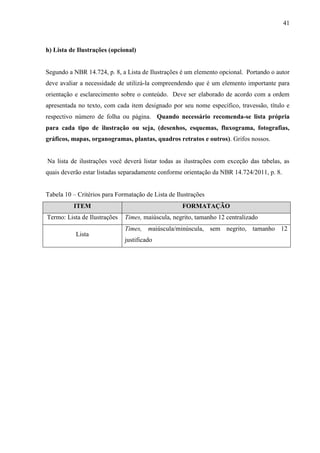 41
h) Lista de Ilustrações (opcional)
Segundo a NBR 14.724, p. 8, a Lista de Ilustrações é um elemento opcional. Portando o autor
deve avaliar a necessidade de utilizá-la compreendendo que é um elemento importante para
orientação e esclarecimento sobre o conteúdo. Deve ser elaborado de acordo com a ordem
apresentada no texto, com cada item designado por seu nome específico, travessão, título e
respectivo número de folha ou página. Quando necessário recomenda-se lista própria
para cada tipo de ilustração ou seja, (desenhos, esquemas, fluxograma, fotografias,
gráficos, mapas, organogramas, plantas, quadros retratos e outros). Grifos nossos.
Na lista de ilustrações você deverá listar todas as ilustrações com exceção das tabelas, as
quais deverão estar listadas separadamente conforme orientação da NBR 14.724/2011, p. 8.
Tabela 10 – Critérios para Formatação de Lista de Ilustrações
ITEM FORMATAÇÃO
Termo: Lista de Ilustrações Times, maiúscula, negrito, tamanho 12 centralizado
Lista
Times, maiúscula/minúscula, sem negrito, tamanho 12
justificado
 