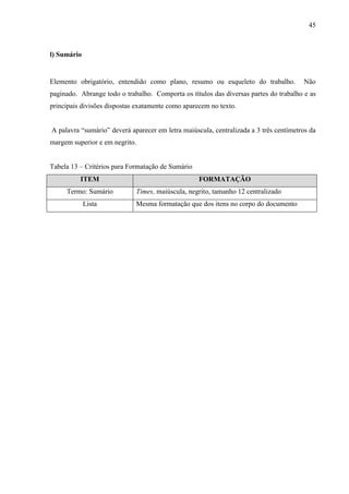 45
l) Sumário
Elemento obrigatório, entendido como plano, resumo ou esqueleto do trabalho. Não
paginado. Abrange todo o trabalho. Comporta os títulos das diversas partes do trabalho e as
principais divisões dispostas exatamente como aparecem no texto.
A palavra “sumário” deverá aparecer em letra maiúscula, centralizada a 3 três centímetros da
margem superior e em negrito.
Tabela 13 – Critérios para Formatação de Sumário
ITEM FORMATAÇÃO
Termo: Sumário Times, maiúscula, negrito, tamanho 12 centralizado
Lista Mesma formatação que dos itens no corpo do documento
 