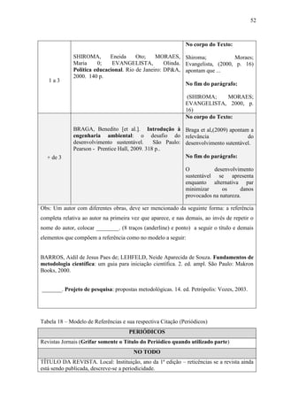 52
1 a 3
SHIROMA, Eneida Oto; MORAES,
Maria 0; EVANGELISTA, Olinda.
Política educacional. Rio de Janeiro: DP&A,
2000. 140 p.
No corpo do Texto:
Shiroma; Moraes;
Evangelista, (2000, p. 16)
apontam que ...
No fim do parágrafo:
(SHIROMA; MORAES;
EVANGELISTA, 2000, p.
16)
+ de 3
BRAGA, Benedito [et al.]. Introdução à
engenharia ambiental: o desafio do
desenvolvimento sustentável. São Paulo:
Pearson - Prentice Hall, 2009. 318 p..
No corpo do Texto:
Braga et al,(2009) apontam a
relevância do
desenvolvimento sutentável.
No fim do parágrafo:
O desenvolvimento
sustentável se apresenta
enquanto alternativa par
minimizar os danos
provocados na natureza.
Obs: Um autor com diferentes obras, deve ser mencionado da seguinte forma: a referência
completa relativa ao autor na primeira vez que aparece, e nas demais, ao invés de repetir o
nome do autor, colocar ________. (8 traços (anderline) e ponto) a seguir o título e demais
elementos que compõem a referência como no modelo a seguir:
BARROS, Aidil de Jesus Paes de; LEHFELD, Neide Aparecida de Souza. Fundamentos de
metodologia científica: um guia para iniciação científica. 2. ed. ampl. São Paulo: Makron
Books, 2000.
_______. Projeto de pesquisa: propostas metodológicas. 14. ed. Petrópolis: Vozes, 2003.
Tabela 18 – Modelo de Referências e sua respectiva Citação (Periódicos)
PERIÓDICOS
Revistas Jornais (Grifar somente o Título do Periódico quando utilizado parte)
NO TODO
TÍTULO DA REVISTA. Local: Instituição, ano da 1ª edição – reticências se a revista ainda
está sendo publicada, descreve-se a periodicidade.
 