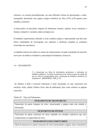 67
estrutura e as normas preestabelecidas, em suas diferentes formas de apresentação, a saber:
monografia, dissertação, tese, papers, artigos científicos etc. Rey (1978, p.29) aponta como
trabalhos científicos:
a) observações ou descrições originais de fenômenos naturais, espécies novas, estruturas e
funções, mutações e variações, dados ecológicos etc.
b) trabalhos experimentais cobrindo os mais variados campos e representando uma das mais
férteis modalidades de investigação, por submeter o fenômeno estudado às condições
controladas de experiência;
c) trabalhos teóricos de análise ou síntese de conhecimentos, levando à produção de conceitos
novos por via indutiva ou dedutiva; apresentação de hipóteses, teorias etc.
3.4 - FICHAMENTO
"[...] transcrição em ficha de informações pertinentes à realização do
trabalho acadêmico. As fichas constituem-se de valioso recurso de estudo de
que se valem os pesquisadores para a realização de trabalhos científicos ou
acadêmicos". (MEDEIROS, 1999, p. 97)
Ao elaborar a ficha é essencial referenciar a fonte consultada, ou seja, mencionar o(s)
autor(es), título, edição, Editora, local, data da publicação, bem como sinalizar as páginas
transcritas.
Tabela 29 – Tipos de Fichamentos
FICHAMENTO DE TRANSCRIÇÃO
Transcrição de partes integrais do texto, mencionando a página onde está contida a
informação;
FICHAMENTO DE SÍNTESE
Transcrição de partes essenciais do texto, podendo ser retirados conectivos que não
comprometam a compreensão do texto;
FICHAMENTO COM COMENTÁRIOS
Além de transcrever as partes essenciais do texto mencionando a página, fazer comentários
 