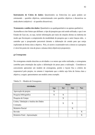 82
Instrumento de Coleta de dados: Questionário ou Entrevista (os quais podem ser
estruturado – questões objetivas, semiestruturado com questões objetivas e discursivas ou
ainda aberto (subjetivo) – só questões discursivas).
Tratamento e análise dos dados: Quantitativo ou qualiquantitativo ou apenas qualitativo;
Aconselha-se citar fontes que definam: o tipo de pesquisa que está sendo utilizada, o que é um
Estudo de Caso etc, ou seja, incluir informações por meio de citações diretas ou indiretas de
modo que favoreçam a compreensão da modalidade de pesquisa que o autor lançou mão, o
caminho que o pesquisador percorrerá durante a elaboração do estudo para que esteja
explicitado de forma clara e objetiva. Pois, só assim o examinador terá a clareza se a pesquisa
é viável do ponto de vista de prazo e alcance do(s) objetivo(s) proposto(s).
g) Cronograma
No cronograma estarão descritas as atividades e os meses que serão realizadas, o cronograma
contribui para orientação das ações e delimitação do prazo para a realização. Considera-se
conveniente apresentar um modelo de cronograma, porém o layout fica a critério do
responsável pelo projeto, no entanto é importante que a tabela seja feita de forma clara e
objetiva, a seguir, apresentamos um modelo como exemplo.
Tabela 31 – Modelo de Cronograma
Atividades
Meses
Ago Set Out Nov
Aprovação do projeto X
Pesquisa bibliográfica X X
Pesquisa de Campo X
Coleta, Tabulação e Analise dos Dados
Coletados
X X
Relatório Parcial X
Revisão X
Relatório Final - Apresentação X
 