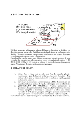 3. DIVISÃO DA ÁREA EM GLEBAS.
Divida o terreno em talhões de no máximo 20 hectares. Considere na divisão a cor
do solo, grau de uso, erosão, fertilidade, profundidade (rasos e profundos), solos
úmidos (várzeas), pastagens, plantas anuais, semi-perenes ou perenes (pomares,
cafezais, cana, etc.), como mostra a figura acima.
De cada gleba, recolha em um saco plástico, sem contato manual, amostras de terra
coletadas das camadas desejadas, de acordo com a cultura instalada na área (0-20,
20-40, 40-60, 60-80 e 80-100 cm), de no mínimo 20 pontos distintos e distantes pelo
menos 70 metros um do outro, caminhando em ziguezague.
4. OPERAÇÃO DE COLETA
1. Misture bem a terra com as mãos por fora do saquinho plástico,
pressionando-o para desfazer os torrões eventualmente formados. Não
misture a terra com as mãos diretamente, pois além de sujá-las, poderá
contaminar as amostras.
2. Depois de bem misturadas, adicione cerca de 1/2 litro da amostra em um
saquinho plástico ou caixinha de papelão próprio para envio ao laboratório.
3. QUESTIONÁRIO DAS AMOSTRAS: Preencha corretamente o
questionário. Seu preenchimento é obrigatório. Se tiver plantas perenes ou
pomares, complete as informações, escrevendo a idade das plantas,
variedades do porta-enxerto, calagem, adubações realizadas anteriormente,
a produção obtida nos anos anteriores, assim como a produção desejada.
Estas informações são fundamentais para as recomendações de correção e adubação.
 