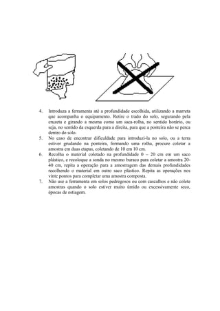 4. Introduza a ferramenta até a profundidade escolhida, utilizando a marreta
que acompanha o equipamento. Retire o trado do solo, segurando pela
cruzeta e girando a mesma como um saca-rolha, no sentido horário, ou
seja, no sentido da esquerda para a direita, para que a ponteira não se perca
dentro do solo.
5. No caso de encontrar dificuldade para introduzi-la no solo, ou a terra
estiver grudando na ponteira, formando uma rolha, procure coletar a
amostra em duas etapas, coletando de 10 em 10 cm.
6. Recolha o material coletado na profundidade 0 – 20 cm em um saco
plástico, e recoloque a sonda no mesmo buraco para coletar a amostra 20-
40 cm, repita a operação para a amostragem das demais profundidades
recolhendo o material em outro saco plástico. Repita as operações nos
vinte pontos para completar uma amostra composta.
7. Não use a ferramenta em solos pedregosos ou com cascalhos e não colete
amostras quando o solo estiver muito úmido ou excessivamente seco,
épocas de estiagem.
 