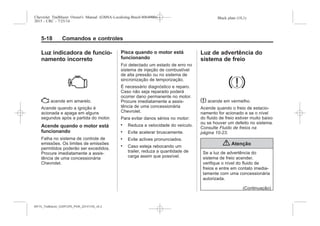 Black plate (18,1)Chevrolet Trailblazer Owner's Manual (GMSA-Localizing-Brazil-8064900) -
2015 - CRC - 7/25/14
5-18 Comandos e controles
Luz indicadora de funcio-
namento incorreto
* acende em amarelo.
Acende quando a ignição é
acionada e apaga em alguns
segundos após a partida do motor.
Acende quando o motor está
funcionando
Falha no sistema de controle de
emissões. Os limites de emissões
permitidos poderão ser excedidos.
Procure imediatamente a assis-
tência de uma concessionária
Chevrolet.
Pisca quando o motor está
funcionando
Foi detectado um estado de erro no
sistema de injeção de combustível
de alta pressão ou no sistema de
sincronização de temporização.
É necessário diagnóstico e reparo.
Caso não seja reparado poderá
ocorrer dano permanente no motor.
Procure imediatamente a assis-
tência de uma concessionária
Chevrolet.
Para evitar danos sérios no motor:
. Reduza a velocidade do veículo.
. Evite acelerar bruscamente.
. Evite aclives pronunciados.
. Caso esteja rebocando um
trailer, reduza a quantidade de
carga assim que possível.
Luz de advertência do
sistema de freio
$ acende em vermelho.
Acende quando o freio de estacio-
namento for acionado e se o nível
do fluido de freio estiver muito baixo
ou se houver um defeito no sistema.
Consulte Fluido de freios na
página 10-23.
{ Atenção
Se a luz de advertência do
sistema de freio acender,
verifique o nível do fluido de
freios e entre em contato imedia-
tamente com uma concessionária
autorizada.
(Continuação)
MY15_Trailblazer_52097295_POR_08112014_v0.1MY15_Trailblazer_52097295_POR_20141105_v0.2
 