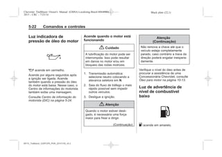 Black plate (22,1)Chevrolet Trailblazer Owner's Manual (GMSA-Localizing-Brazil-8064900) -
2015 - CRC - 7/25/14
5-22 Comandos e controles
Luz indicadora de
pressão de óleo do motor
: acende em vermelho.
Acende por alguns segundos após
a ignição ser ligada. Acende
também quando a pressão do óleo
do motor está baixa. Nesse caso, o
Centro de informações do motorista
também exibe uma mensagem.
Consulte Centro de informação do
motorista (DIC) na página 5-24.
Acende quando o motor está
funcionando
{ Cuidado
A lubrificação do motor pode ser
interrompida. Isso pode resultar
em danos no motor e/ou em
bloqueio das rodas motrizes.
1. Transmissão automática:
selecione neutro colocando a
alavanca seletora em N.
2. Saia do fluxo de tráfego o mais
rápido possível sem impedir
outros veículos.
3. Desligue a ignição.
{ Atenção
Quando o motor estiver desli-
gado, é necessária uma força
maior para frear e dirigir.
(Continuação)
Atenção
(Continuação)
Não remova a chave até que o
veículo esteja completamente
parado, caso contrário a trava da
direção poderá engatar inespera-
damente.
Verifique o nível do óleo antes de
procurar a assistência de uma
Concessionária Chevrolet, consulte
Óleo para motor na página 10-13.
Luz de advertência de
nível de combustível
baixo
. acende em amarelo.
MY15_Trailblazer_52097295_POR_08112014_v0.1MY15_Trailblazer_52097295_POR_20141105_v0.2
 