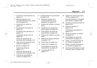 Black plate (3,1)Chevrolet Trailblazer Owner's Manual (GMSA-Localizing-Brazil-8064900) -
2015 - CRC - 7/25/14
Resumo 1-3
1. Controle de luzes externas na
página 6-1
2. Difusores laterais de ar.
Consulte Difusores de ar ajustá-
veis na página 8-6
3. Comandos do volante na
página 5-7
4. Sinalizadores de direção na
página 6-3
Comutador farol alto/baixo na
página 6-2
Lampejador de farol alto na
página 6-2
Centro de informação do
motorista (DIC) na página 5-24
5. Visão geral do painel de instru-
mentos na página 5-3
6. Buzina na página 5-8
Sistema de airbag na
página 3-17
7. Centro de informação do
motorista (DIC) na página 5-24
8. Controle de velocidade de
cruzeiro na página 9-31
9. Limpador/lavador do para-brisa
na página 5-8
10. Difusores centrais de ar.
Consulte Difusores de ar
ajustáveis na página 8-6
11. Sistema de conforto e conveni-
ência
12. Sinalizador de advertência
(pisca-alerta) na página 6-3
13. Porta-objetos do painel de
instrumentos na página 4-1
14. Sistema de conforto e conveni-
ência
15. Sistema de airbags dianteiros
na página 3-19
16. Porta-copos na página 4-3
17. Porta-luvas na página 4-2
Porta-objetos do painel de
instrumentos na página 4-1
18. Tomadas elétricas na
página 5-11
19. Sistema de controle de tração
(TCS) na página 9-27
Controle Eletrônico de Estabili-
dade (ESC) na página 9-28
20. Controle em declives (HDC) na
página 9-29
21. Alavanca seletora na
página 9-18
Transmissão automática na
página 9-17
22. Ajuste de posição do volante
na página 5-7
23. Porta-objetos do painel de
instrumentos na página 4-1
24. Pedais. Consulte Controle de
um veículo na página 9-4
25. Pedais. Consulte Controle de
um veículo na página 9-4
26. Alavanca de liberação do capô.
Consulte Capô na página 10-8
MY15_Trailblazer_52097295_POR_08112014_v0.1MY15_Trailblazer_52097295_POR_20141105_v0.2
 
