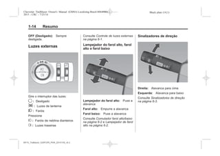 Black plate (14,1)Chevrolet Trailblazer Owner's Manual (GMSA-Localizing-Brazil-8064900) -
2015 - CRC - 7/25/14
1-14 Resumo
OFF (Desligado): Sempre
desligada.
Luzes externas
Gire o interruptor das luzes:
9 : Desligado
; : Luzes de lanterna
2 : Faróis
Pressione
# : Faróis de neblina dianteiros
s : Luzes traseiras
Consulte Controle de luzes externas
na página 6-1.
Lampejador do farol alto, farol
alto e farol baixo
Lampejador do farol alto: Puxe a
alavanca
Farol alto: Empurre a alavanca
Farol baixo: Puxe a alavanca
Consulte Comutador farol alto/baixo
na página 6-2 e Lampejador de farol
alto na página 6-2.
Sinalizadores de direção
Direita: Alavanca para cima
Esquerda: Alavanca para baixo
Consulte Sinalizadores de direção
na página 6-3.
MY15_Trailblazer_52097295_POR_08112014_v0.1MY15_Trailblazer_52097295_POR_20141105_v0.2
 