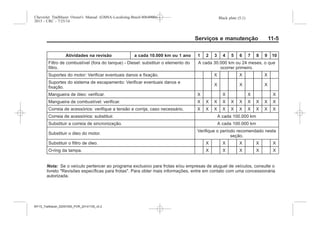 Black plate (5,1)Chevrolet Trailblazer Owner's Manual (GMSA-Localizing-Brazil-8064900) -
2015 - CRC - 7/25/14
Serviços e manutenção 11-5
Atividades na revisão a cada 10.000 km ou 1 ano 1 2 3 4 5 6 7 8 9 10
Filtro de combustível (fora do tanque) - Diesel: substituir o elemento do
filtro.
A cada 30.000 km ou 24 meses, o que
ocorrer primeiro.
Suportes do motor: Verificar eventuais danos e fixação. X X X
Suportes do sistema de escapamento: Verificar eventuais danos e
fixação.
X X X
Mangueira de óleo: verificar. X X X X
Mangueira de combustível: verificar. X X X X X X X X X X
Correia de acessórios: verifique a tensão e corrija, caso necessário. X X X X X X X X X X
Correia de acessórios: substituir. A cada 100.000 km
Substituir a correia de sincronização. A cada 100.000 km
Substituir o óleo do motor.
Verifique o período recomendado nesta
seção.
Substituir o filtro de óleo. X X X X X
O-ring da tampa. X X X X X
Nota: Se o veículo pertencer ao programa exclusivo para frotas e/ou empresas de aluguel de veículos, consulte o
livreto "Revisões específicas para frotas". Para obter mais informações, entre em contato com uma concessionária
autorizada.
MY15_Trailblazer_52097295_POR_08112014_v0.1MY15_Trailblazer_52097295_POR_20141105_v0.2
 
