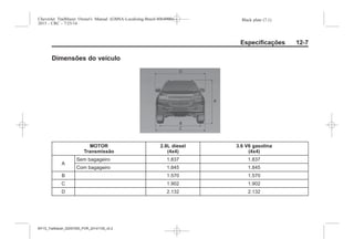 Black plate (7,1)Chevrolet Trailblazer Owner's Manual (GMSA-Localizing-Brazil-8064900) -
2015 - CRC - 7/25/14
Especificações 12-7
Dimensões do veículo
MOTOR
Transmissão
2.8L diesel
(4x4)
3.6 V6 gasolina
(4x4)
A
Sem bagageiro 1.837 1.837
Com bagageiro 1.845 1.845
B 1.570 1.570
C 1.902 1.902
D 2.132 2.132
MY15_Trailblazer_52097295_POR_08112014_v0.1MY15_Trailblazer_52097295_POR_20141105_v0.2
 