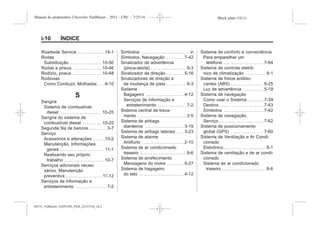 Black plate (10,1)Manual do proprietário Chevrolet Trailblazer - 2015 - CRC - 7/25/14
i-10 ÍNDICE
Roadside Service . . . . . . . . . . . . . . 14-1
Rodas
Substituição . . . . . . . . . . . . . . . . 10-50
Rodas e pneus . . . . . . . . . . . . . . .10-46
Rodízio, pneus . . . . . . . . . . . . . . .10-48
Rodovias
Como Conduzir, Molhadas . . . .9-10
S
Sangria
Sistema de combustível
diesel . . . . . . . . . . . . . . . . . . . . . 10-25
Sangria do sistema de
combustível diesel . . . . . . . . . .10-25
Segunda fila de bancos . . . . . . . . . 3-7
Serviço
Acessórios e alterações . . . . . .10-2
Manutenção, Informações
gerais . . . . . . . . . . . . . . . . . . . . . . . 11-1
Realizando seu próprio
trabalho . . . . . . . . . . . . . . . . . . . . .10-7
Serviços adicionais neces-
sários, Manutenção
preventiva . . . . . . . . . . . . . . . . . . . 11-12
Serviços de informação e
entretenimento . . . . . . . . . . . . . . . . 7-2
Símbolos . . . . . . . . . . . . . . . . . . . . . . . . . vi
Símbolos, Navegação . . . . . . . . . 7-42
Sinalizador de advertência
(pisca-alerta) . . . . . . . . . . . . . . . . . . 6-3
Sinalizador de direção . . . . . . . . . 5-16
Sinalizadores de direção e
de mudança de pista . . . . . . . . . . 6-3
Sistema
Bagageiro . . . . . . . . . . . . . . . . . . . .4-12
Serviços de informação e
entretenimento . . . . . . . . . . . . . . . 7-2
Sistema central de trava-
mento . . . . . . . . . . . . . . . . . . . . . . . . . 2-5
Sistema de airbags
dianteiros . . . . . . . . . . . . . . . . . . . . 3-19
Sistema de airbags laterais . . . . 3-23
Sistema de alarme
Antifurto . . . . . . . . . . . . . . . . . . . . . .2-10
Sistema de ar condicionado
traseiro . . . . . . . . . . . . . . . . . . . . . . . . 8-6
Sistema de arrefecimento
Mensagens do motor . . . . . . . . .5-27
Sistema de bagageiro
do teto . . . . . . . . . . . . . . . . . . . . . . . 4-12
Sistema de conforto e conveniência
Para emparelhar um
telefone . . . . . . . . . . . . . . . . . . . . .7-64
Sistema de controle eletrô-
nico de climatização . . . . . . . . . . 8-1
Sistema de freios antiblo-
cantes (ABS) . . . . . . . . . . . . . . . . . 9-25
Luz de advertência . . . . . . . . . . .5-19
Sistema de navegação
Como usar o Sistema . . . . . . . . .7-39
Destino . . . . . . . . . . . . . . . . . . . . . . .7-43
Símbolos . . . . . . . . . . . . . . . . . . . . .7-42
Sistema de navegação,
Serviço . . . . . . . . . . . . . . . . . . . . . . . 7-62
Sistema de posicionamento
global (GPS) . . . . . . . . . . . . . . . . . 7-60
Sistema de Ventilação e Ar Condi-
cionado
Eletrônico . . . . . . . . . . . . . . . . . . . . . . 8-1
Sistema de ventilação e de ar condi-
cionado
Sistema de ar condicionado
traseiro . . . . . . . . . . . . . . . . . . . . . . . 8-6
MY15_Trailblazer_52097295_POR_08112014_v0.1MY15_Trailblazer_52097295_POR_20141105_v0.2
 