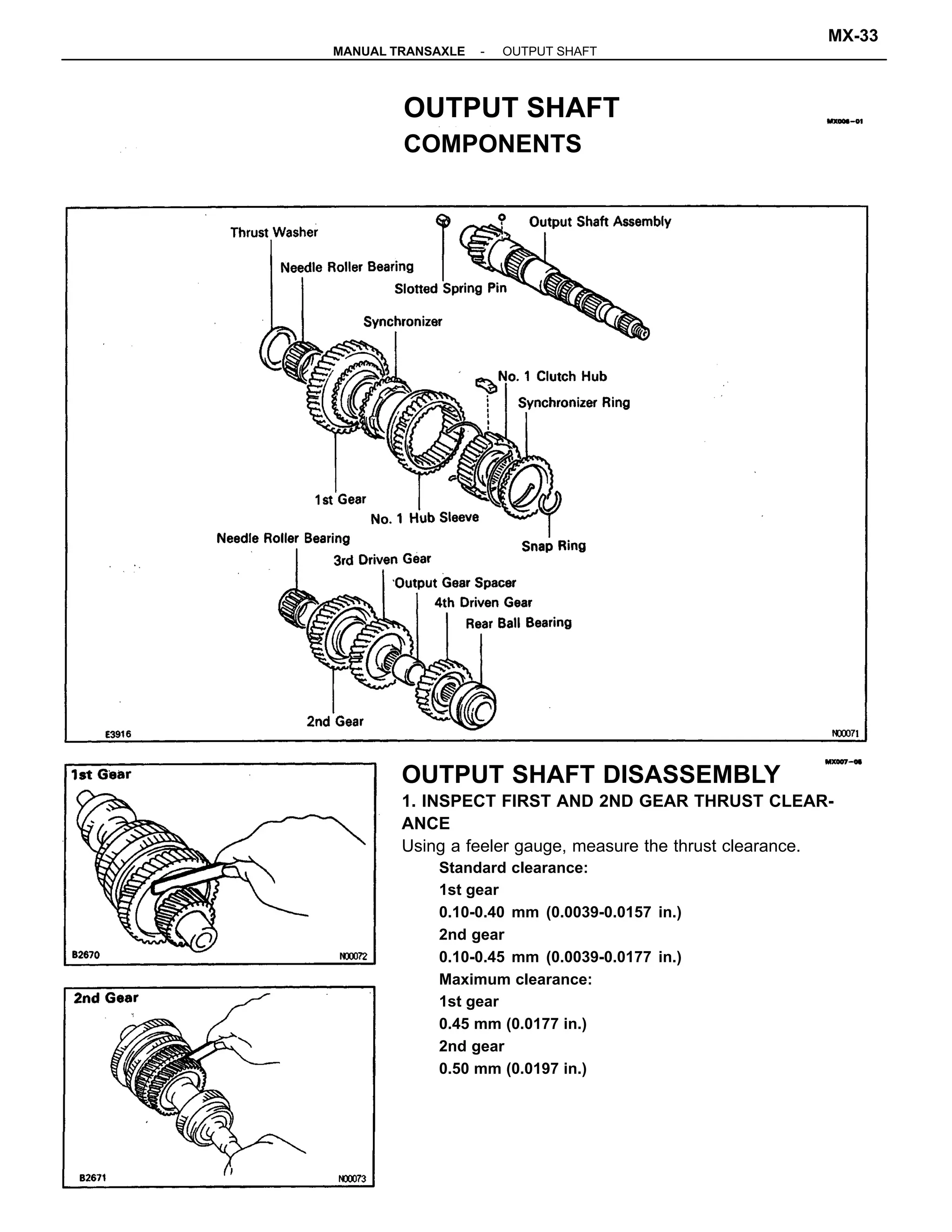 OUTPUT SHAFT DISASSEMBLY
1. INSPECT FIRST AND 2ND GEAR THRUST CLEAR-
ANCE
Using a feeler gauge, measure the thrust clearance.
Standard clearance:
1st gear
0.10-0.40 mm (0.0039-0.0157 in.)
2nd gear
0.10-0.45 mm (0.0039-0.0177 in.)
Maximum clearance:
1st gear
0.45 mm (0.0177 in.)
2nd gear
0.50 mm (0.0197 in.)
OUTPUT SHAFT
COMPONENTS
-MANUAL TRANSAXLE OUTPUT SHAFT
MX-33
 