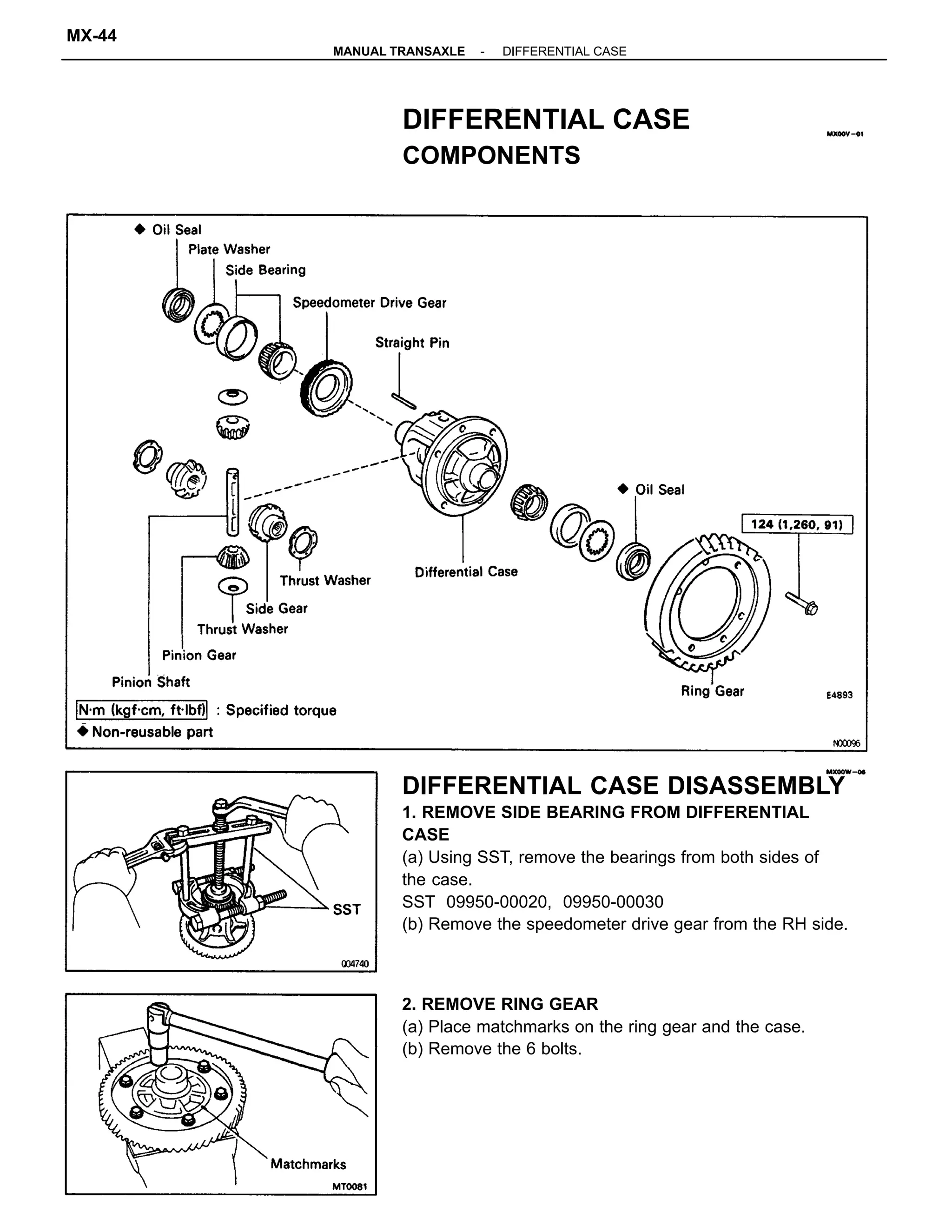 DIFFERENTIAL CASE DISASSEMBLY
1. REMOVE SIDE BEARING FROM DIFFERENTIAL
CASE
(a) Using SST, remove the bearings from both sides of
the case.
SST 09950-00020, 09950-00030
(b) Remove the speedometer drive gear from the RH side.
2. REMOVE RING GEAR
(a) Place matchmarks on the ring gear and the case.
(b) Remove the 6 bolts.
DIFFERENTIAL CASE
COMPONENTS
-MANUAL TRANSAXLE DIFFERENTIAL CASE
MX-44
 
