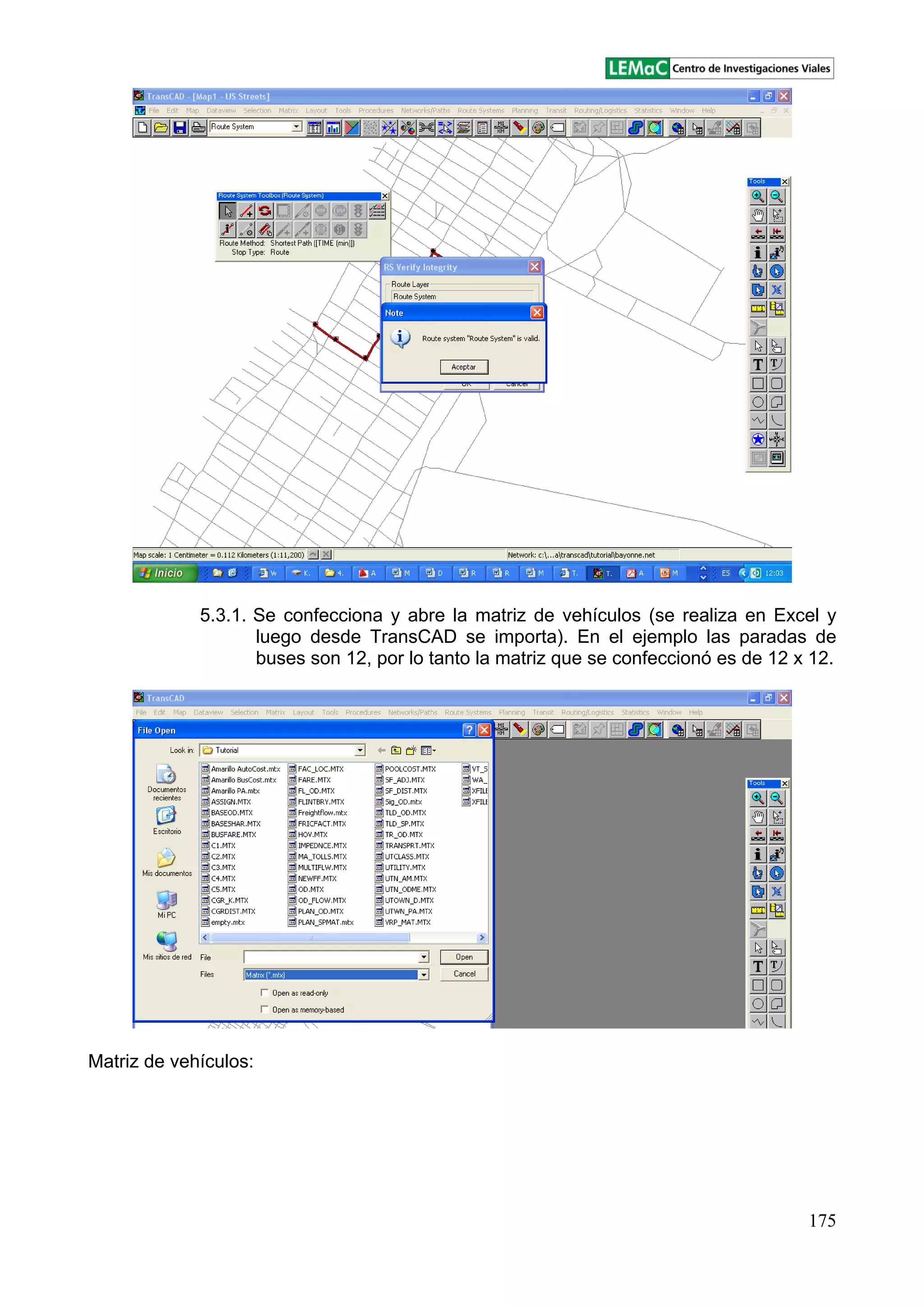 175
5.3.1. Se confecciona y abre la matriz de vehículos (se realiza en Excel y
luego desde TransCAD se importa). En el ejemplo las paradas de
buses son 12, por lo tanto la matriz que se confeccionó es de 12 x 12.
Matriz de vehículos:
 
