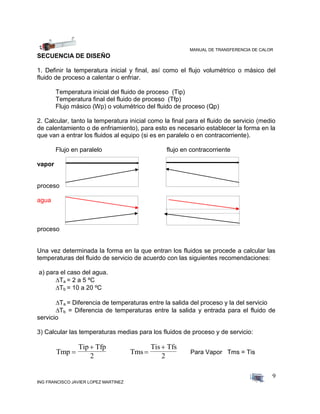 MANUAL DE TRANSFERENCIA DE CALOR
ING FRANCISCO JAVIER LOPEZ MARTINEZ
9
SECUENCIA DE DISEÑO
1. Definir la temperatura inicial y final, así como el flujo volumétrico o másico del
fluido de proceso a calentar o enfriar.
Temperatura inicial del fluido de proceso (Tip)
Temperatura final del fluido de proceso (Tfp)
Flujo másico (Wp) o volumétrico del fluido de proceso (Qp)
2. Calcular, tanto la temperatura inicial como la final para el fluido de servicio (medio
de calentamiento o de enfriamiento), para esto es necesario establecer la forma en la
que van a entrar los fluidos al equipo (si es en paralelo o en contracorriente).
Flujo en paralelo flujo en contracorriente
vapor
     
proceso
agua
     
proceso
Una vez determinada la forma en la que entran los fluidos se procede a calcular las
temperaturas del fluido de servicio de acuerdo con las siguientes recomendaciones:
a) para el caso del agua.
 Ta = 2 a 5 ºC
Tb = 10 a 20 ºC
Ta = Diferencia de temperaturas entre la salida del proceso y la del servicio
Tb = Diferencia de temperaturas entre la salida y entrada para el fluido de
servicio
3) Calcular las temperaturas medias para los fluidos de proceso y de servicio:
Tmp
Tip Tfp
2


Tms
Tis Tfs
2


Para Vapor Tms = Tis
 