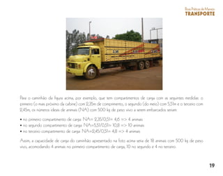 19
BoasPráticasdeManejo
TRANSPORTE
Para o caminhão da figura acima, por exemplo, que tem compartimentos de carga com as seguintes medidas: o
primeiro (o mais próximo da cabine) com 2,35m de comprimento, o segundo (do meio) com 5,51m e o terceiro com
2,45m, os números ideais de animais (NA) com 500 kg de peso vivo a serem embarcados seriam:
• no primeiro compartimento de carga: NA= 2,35/0,51= 4,6 => 4 animais
• no segundo compartimento de carga: NA=5,51/0,51= 10,8 => 10 animais
• no terceiro compartimento de carga: NA=2,45/0,51= 4,8 => 4 animais
Assim, a capacidade de carga do caminhão apresentado na foto acima seria de 18 animais com 500 kg de peso
vivo, acomodando 4 animais no primeiro compartimento de carga, 10 no segundo e 4 no terceiro.
 