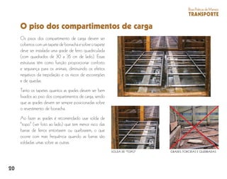 20
BoasPráticasdeManejo
TRANSPORTE
O piso dos compartimentos de carga
Os pisos dos compartimento de carga devem ser
cobertoscomumtapetedeborrachaesobreotapete
deve ser instalada uma grade de ferro quadriculada
(com quadrados de 30 a 35 cm de lado). Essas
estruturas têm como função proporcionar conforto
e segurança para os animais, diminuindo os efeitos
negativos da trepidação e os riscos de escorregões
e de quedas.
Tanto os tapetes quantos as grades devem ser bem
fixados ao piso dos compartimentos de carga, sendo
que as grades devem ser sempre posicionadas sobre
o revestimento de borracha.
Ao fazer as grades é recomendado usar solda de
“topo” (ver foto ao lado) que tem menor risco das
barras de ferros entortarem ou quebrarem, o que
ocorre com mais frequência quando as barras são
soldadas umas sobre as outras.
SOLDA DE “TOPO” GRADES TORCIDAS E QUEBRADAS
 