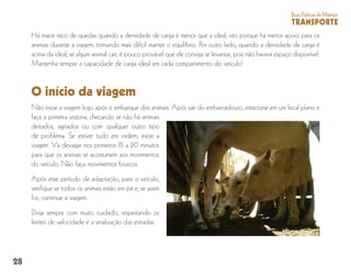 28
BoasPráticasdeManejo
TRANSPORTE
Há maior risco de quedas quando a densidade de carga é menor que a ideal, isto porque há menor apoio para os
animais durante a viagem, tornando mais difícil manter o equilíbrio. Por outro lado, quando a densidade de carga é
acima da ideal, se algum animal cair, é pouco provável que ele consiga se levantar, pois não haverá espaço disponível.
Mantenha sempre a capacidade de carga ideal em cada compartimento do veículo!
Não inicie a viagem logo após o embarque dos animais. Após sair do embarcadouro, estacione em um local plano e
faça a primeira vistoria, checando se não há animais
deitados, agitados ou com qualquer outro tipo
de problema. Se estiver tudo em ordem, inicie a
viagem. Vá devagar nos primeiros 15 a 20 minutos
para que os animais se acostumem aos movimentos
do veículo. Não faça movimentos bruscos.
Após esse período de adaptação, pare o veículo,
verifique se todos os animais estão em pé e, se assim
for, continue a viagem.
Dirija sempre com muito cuidado, respeitando os
limites de velocidade e a sinalização das estradas.
O início da viagem
 