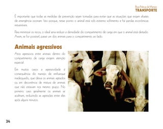 34
BoasPráticasdeManejo
TRANSPORTE
É importante que todas as medidas de prevenção sejam tomadas para evitar que as situações que exijam abates
de emergência ocorram. Isto porque, nesse ponto o animal está sob extremo sofrimento e há perdas econômicas
irreversíveis.
Para minimizar os riscos, o ideal seria reduzir a densidade do compartimento de carga em que o animal está deitado.
Assim, se for possível, passe um dos animais para o compartimento ao lado.
Animais agressivos
Atos agressivos entre animais dentro do
compartimento de carga exigem atenção
especial.
Em muitos casos a agressividade é
consequência do manejo de embarque
inadequado, que deixa os animais agitados
ou em decorrência de mistura de animais
que não estavam nos mesmo grupo. No
primeiro caso geralmente os animais se
acalmam, reduzindo as agressões entre eles
após alguns minutos.
 